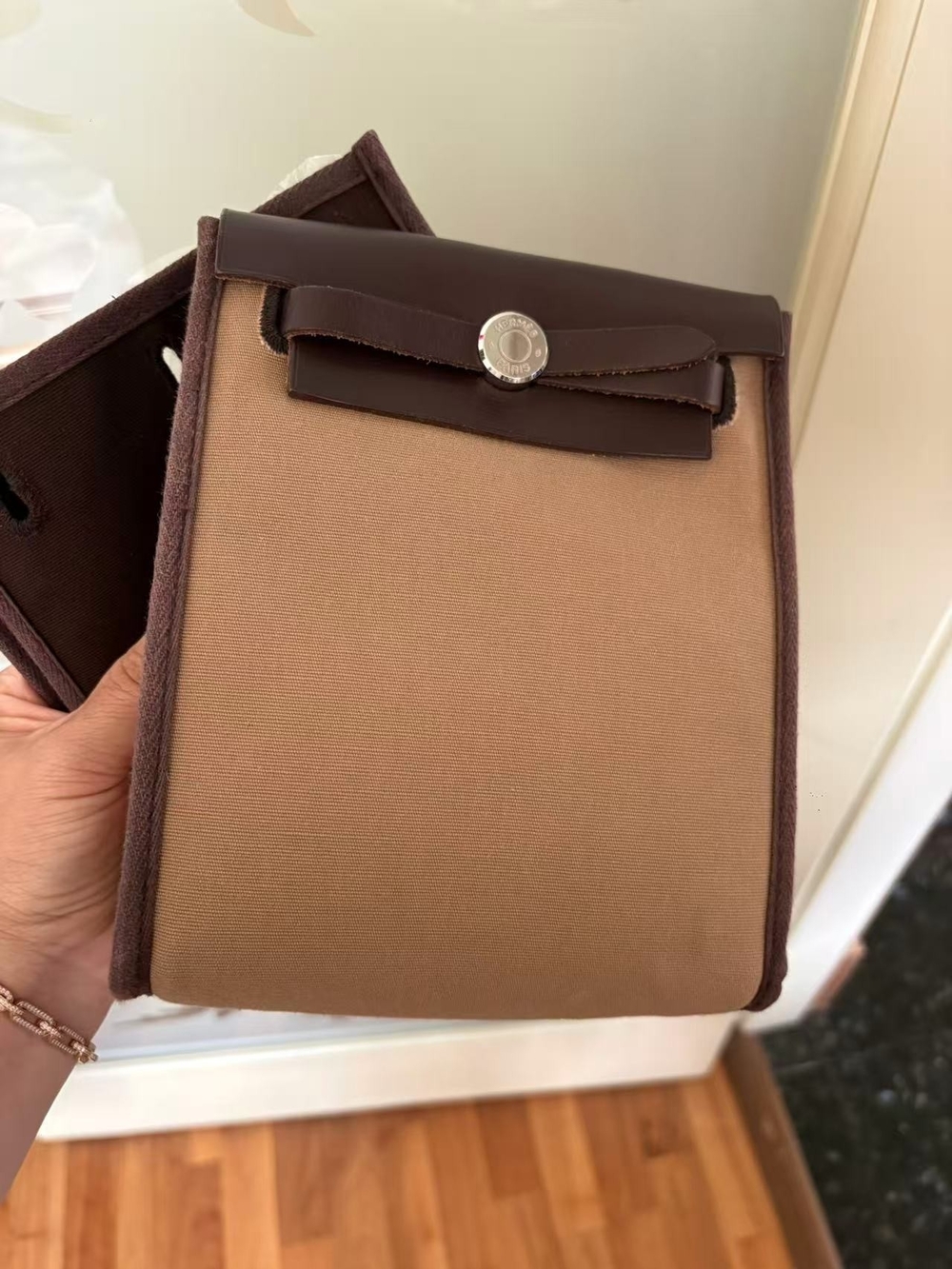 Hermes Beige Canvas Crossbody with Dark Brown Leather Trim
